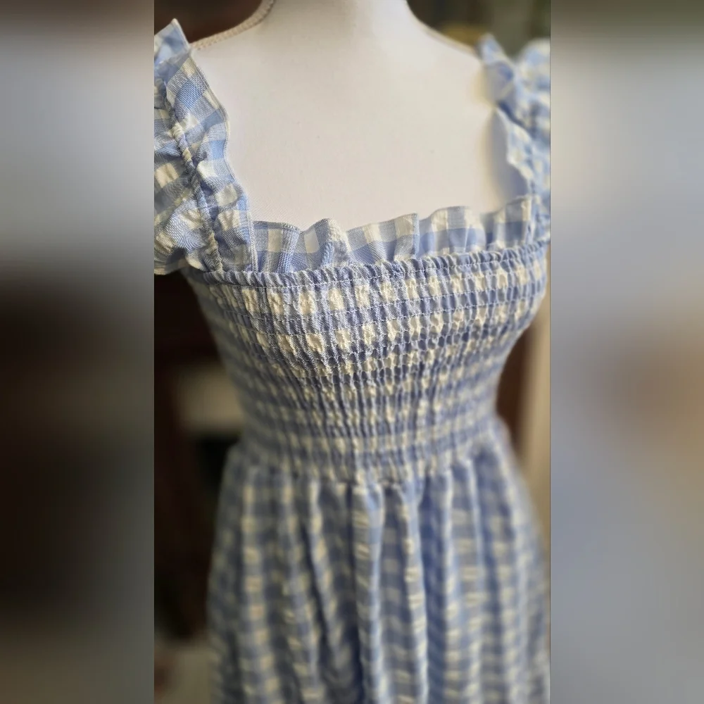 Smocked Square Neck Dress - Light Blue Gingham Size M-L - Picture 2 of 7